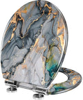 Elongated Toilet Seat for Home Replacement, 14.5" x 18.5", stylish marble design, features chrome hinges.