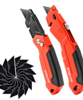 Heavy Duty Utility Knife Set Two Piece Box Cutter With Quick Open Button Lock Razor Knife For Cartons Plastic Leather And Cardboard Includes 16 Extra Blades In Red Handle