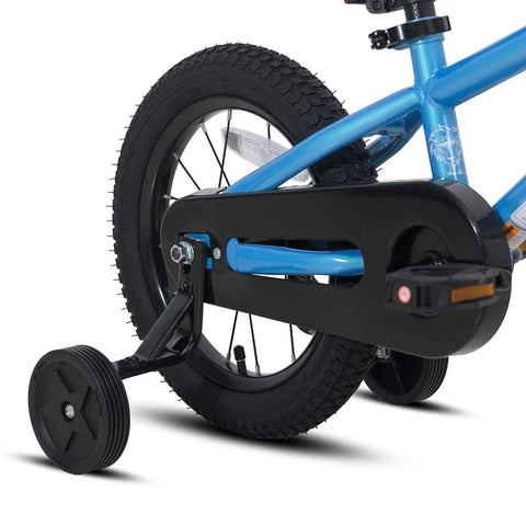 Close-up of a blue 12 inch kids bike with training wheels for toddlers ages 2 3 4, featuring a chain guard and durable steel frame.