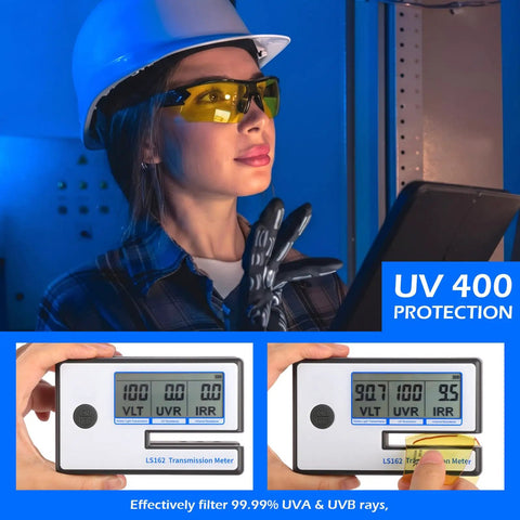 Hella Durable 12 Pack Safety Glasses For Men And Women Featuring Tinted Lenses With Top Tier Impact Resistance And Ansi Z87 Certification Perfect For Construction Sites And Diy Work worn by a woman using a UV meter.