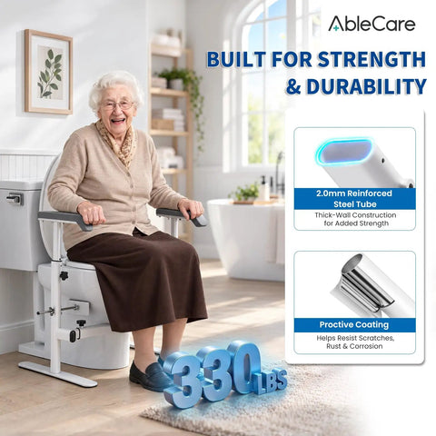 Built Tough Toilet Safety Rails For Seniors With No Wobble Stability And Wide Anti Slip Base For Tile Or Hardwood Floors Straightforward Setup Handicap Support Frame with elderly woman sitting.
