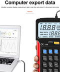 Smooth Operator Digital Vibration Meter With High Grade Probe And Reliable Data Storage For Tracking Acceleration Velocity And Displacement Readings Without Any Glitches displaying results next to a laptop.