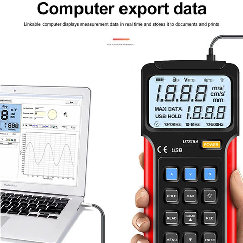 Smooth Operator Digital Vibration Meter With High Grade Probe And Reliable Data Storage For Tracking Acceleration Velocity And Displacement Readings Without Any Glitches displaying results next to a laptop.