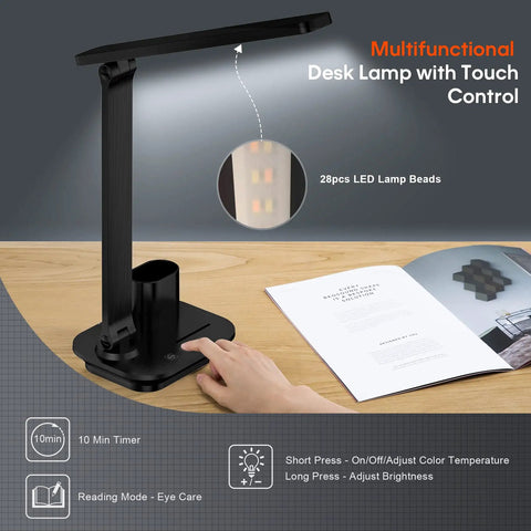 Go To Foldable USB Desk Lamp With Dimmable LED Light Three Color Temperatures Touch Control Built In Phone And Pen Holder