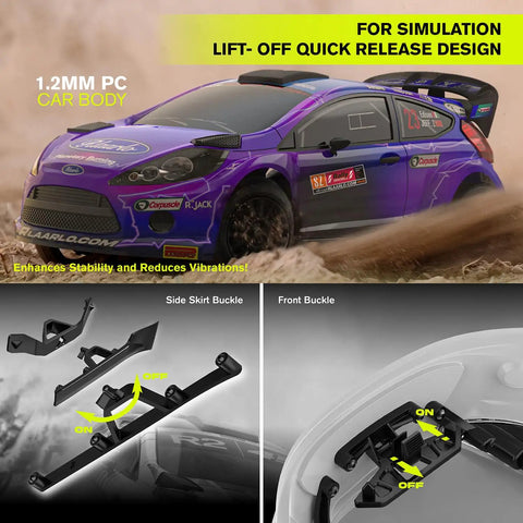Brushless One Tenth Scale Carbon Fiber RC Drift Car For Adults With Gyro, Fast Up To 50 Mph, All Terrain 2.4GHz 4x4 Hobby RTR RC Truck In Purple, showing simulation lift-off design with buckles.