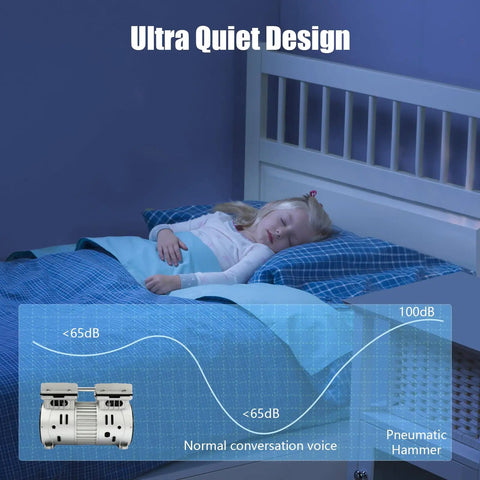 Straight Up Heavy Duty Oil Free Silent Air Pump Featuring A 550W Dual Cylinder Motor That Pumps Out Serious Airflow At Just 65Db Stays Dead Quiet For Shop Rigs And Daily Work Use, shown with child asleep.