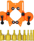 Get These 12 Piece Abrasive Hole Saw Kits With 10 Sizes Drill Bits For Ceramic And Glass. Adjustable Suction Cup Guide Jig Fixture Helps Nail Accurate Holes On Marble, Tile Or Granite. Perfect Wet And Dry Tool To Make Tough DIY Jobs Way Easier Without. orange suction cup hole saw kit with 10 gold drill bits, guide jig, and screwdriver