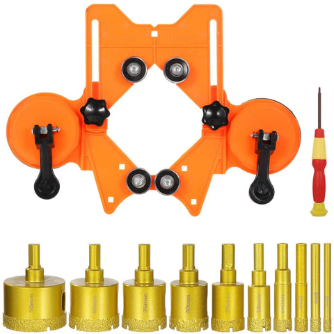 Get These 12 Piece Abrasive Hole Saw Kits With 10 Sizes Drill Bits For Ceramic And Glass. Adjustable Suction Cup Guide Jig Fixture Helps Nail Accurate Holes On Marble, Tile Or Granite. Perfect Wet And Dry Tool To Make Tough DIY Jobs Way Easier Without. orange suction cup hole saw kit with 10 gold drill bits, guide jig, and screwdriver