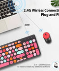 Cool Retro Typewriter Style Keyboard And Mouse Combo With Round Keycaps, 2.4GHz Wireless USB Receiver, Cute Black Colorful Design