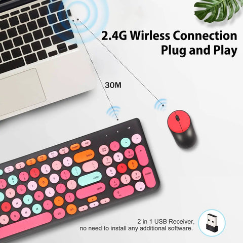 Cool Retro Typewriter Style Keyboard And Mouse Combo With Round Keycaps, 2.4GHz Wireless USB Receiver, Cute Black Colorful Design
