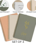 Stylish Aesthetic Spiral Notebook Set Of 3 For Women With Cute College Ruled 8x6 Journals, Large Pockets And Lined Pages