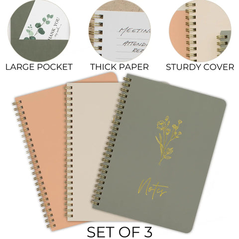 Stylish Aesthetic Spiral Notebook Set Of 3 For Women With Cute College Ruled 8x6 Journals, Large Pockets And Lined Pages