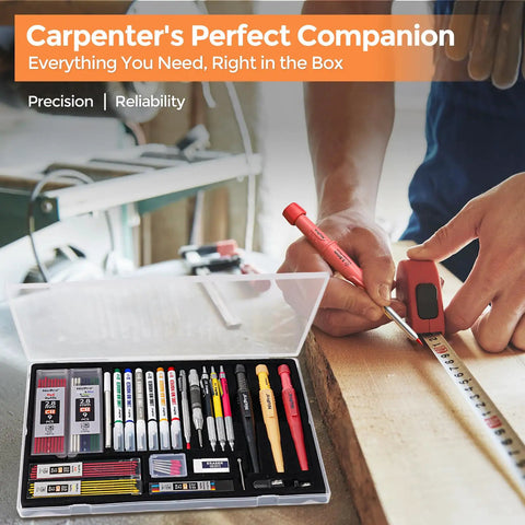 Absolute Banger Carpenter Pencil Kit Featuring Heavy Duty Mechanical Leads in clear storage, used for precise measurements on wood.