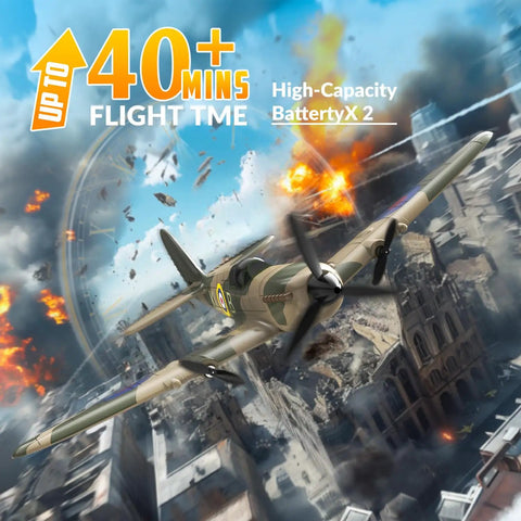 Spitfire RC Plane For Beginners soaring over cityscape, 3 Channel Remote Control, 2.4GHz RTF Easy To Fly Fighter Model in flight