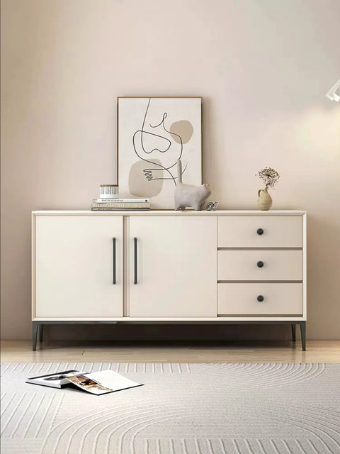Matte Black Round Kitchen Cabinet Knobs And Drawer Knobs Set, 10 Pack installed on a modern white cabinet with artwork above