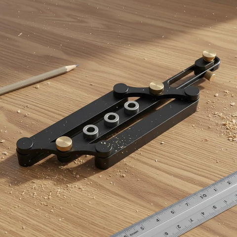 Pro Grade Aluminum Dowel Jig Drill Guide With Threaded Bushings Adjustable 18 To 60 Mm on wooden surface with sawdust and ruler.