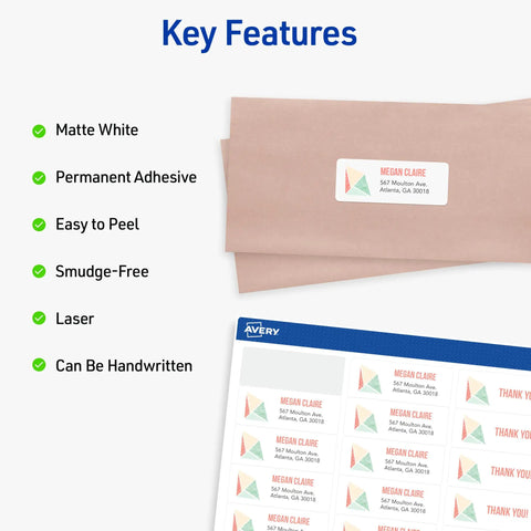 Hassle Free Premium Easy Peel Printable Address Labels With Sure Feed Tech 1X2 5/8 Customizable White Stickers 750 Count displayed on envelopes.