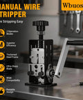 Manual wire stripper machine with thickened steel frame and hand crank on a workshop table, suitable for copper wire stripping.