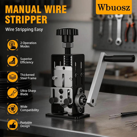 Manual wire stripper machine with thickened steel frame and hand crank on a workshop table, suitable for copper wire stripping.