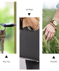 Triptych showing: a key on a key ring, person holding a package, and wrist with a bracelet.