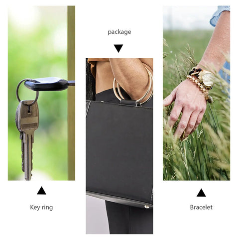 Triptych showing: a key on a key ring, person holding a package, and wrist with a bracelet.
