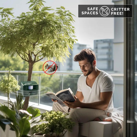 Yard Gard Ultrasonic Animal Repeller for 4000 Sq Ft Keeps Deer, Raccoons, and Skunks Out With Humane No Harm High Frequency Sound Humans Don't Hear But Pests Do for a Safer, Pest Free Backyard mounted by potted tree on balcony