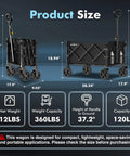 Product size chart for Heavy Duty Collapsible Wagon With Wheels All Terrain Utility Cart Foldable Portable Hauler Up To 360 Lbs For Groceries Beach Garden Sports Shopping Perfect For Everyday Use At Home Or On The Go, showing dimensions and capacity details.