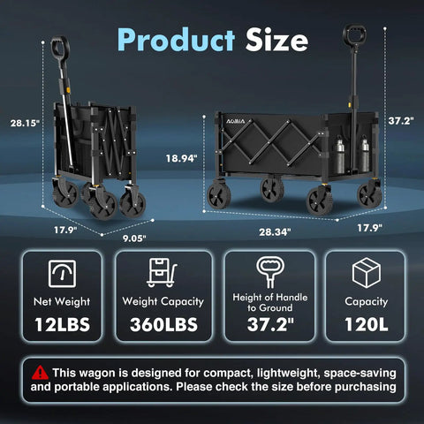 Product size chart for Heavy Duty Collapsible Wagon With Wheels All Terrain Utility Cart Foldable Portable Hauler Up To 360 Lbs For Groceries Beach Garden Sports Shopping Perfect For Everyday Use At Home Or On The Go, showing dimensions and capacity details.