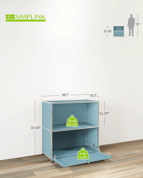 32.5 Inch Flip Top Side Table With Detachable Wheels And Large Storage, Buffet Cabinet, Corner Bookshelf, Wall Shelf, Cube Organizer And Bedside Table For Modern Home Decor In Blue shown open with weight capacity details