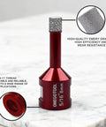 5/16 Inch 2 Pack Diamond Hole Saw Bits Heavy Duty Workhorse Core Drill Set Built Tough As Nails To Shred Through Tile Ceramic Concrete Granite Marble Zero Fuss Precision With 5/8 11 Thread Fits Angle Grinders showing a close-up of a diamond hole saw bit with gray emery grains on top.