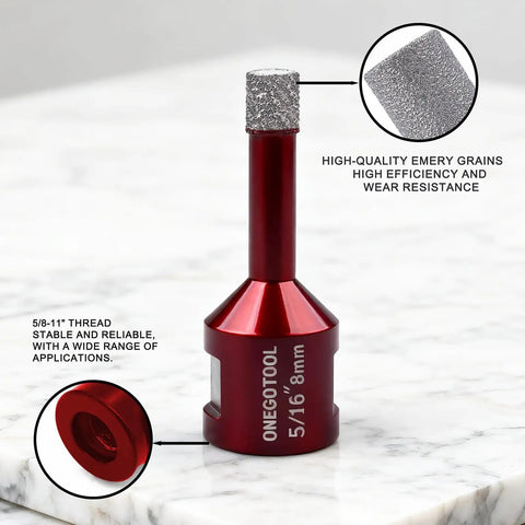 5/16 Inch 2 Pack Diamond Hole Saw Bits Heavy Duty Workhorse Core Drill Set Built Tough As Nails To Shred Through Tile Ceramic Concrete Granite Marble Zero Fuss Precision With 5/8 11 Thread Fits Angle Grinders showing a close-up of a diamond hole saw bit with gray emery grains on top.
