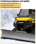 60 Inch Long 4 Inch Wide Three Quarters Inch Thick Polyurethane Snow Plow Cutting Edge For ATVs Tractors Skid Steers And UTVs mounted on a yellow UTV in a snowy landscape