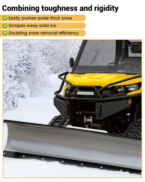 60 Inch Long 4 Inch Wide Three Quarters Inch Thick Polyurethane Snow Plow Cutting Edge For ATVs Tractors Skid Steers And UTVs mounted on a yellow UTV in a snowy landscape