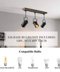 Adjustable 3-Head Track Lighting Fixture In Black Wood Finish with E26 base bulb compatibility guide and max wattage details.