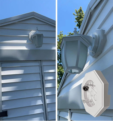 Vertical Siding Lamp Mount Kit With Built-In Box For Lights One Half Inch PVC installed on white siding