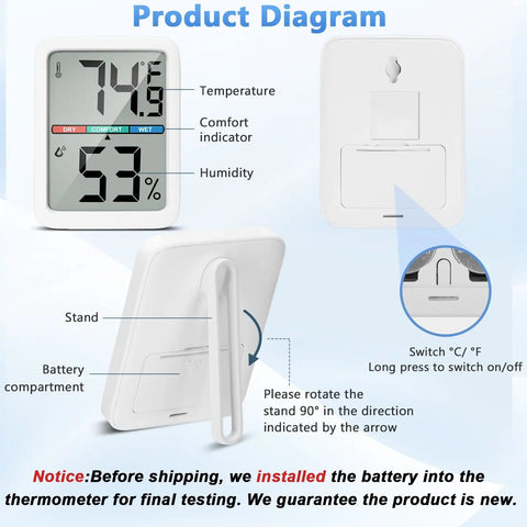 Digital Thermometer Hygrometer With Large LCD Indoor Temperature And Humidity Monitor Wall Mounted Climate Gauge For Home Office Or Greenhouse Ultra Accurate Readouts And Easy Color Coded Comfort Indicators, rear stand view