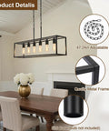 Slick Black 6 Light Linear Chandelier, Modern Farmhouse Rectangle Island Lamp with adjustable chain in dining room.