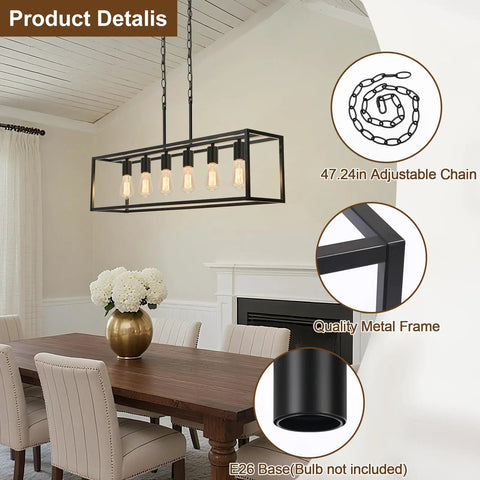 Slick Black 6 Light Linear Chandelier, Modern Farmhouse Rectangle Island Lamp with adjustable chain in dining room.