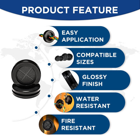 Product features of 55 Pcs Rubber Grommets Kit With Six Assorted Sizes in inches for wiring protection, waterproof, fire and water resistant.