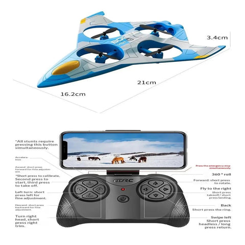 Mini Kids Drone With Altitude Hold And 6 Axis Gyro, blue quadcopter with LED lights, and remote or smartphone control features.