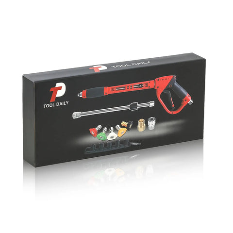 Box packaging of Deluxe Pressure Washer Gun Kit With 40 Inch Wand Replacement Extension Five Nozzle Tips M22 Fittings Up To 5000 PSI