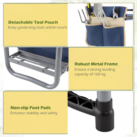 Foldable Garden Kneeler And Seat With Two In One Design For Comfortable Weeding And Raised Bed Work Detachable EVA Foam Pad 350 Lbs Heavy Duty Metal Frame Tool Pouch Portable Stool For Seniors Blue with tool pouch, metal frame, and non-slip pads visible.