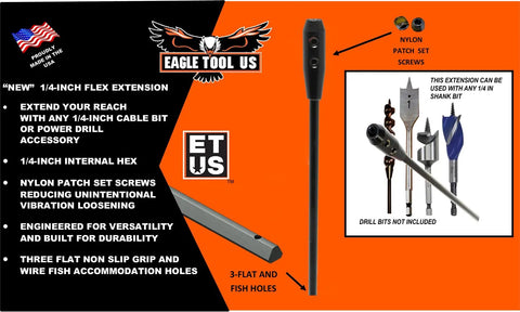 Installer Bit And Drill Bit Extension 36-Inch Long With 1/4-Inch Shank, Heat Treated Spring Steel Shank And Three Flat Non Slip Grip with visual guide.