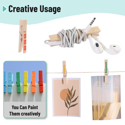 Large Wooden Clothes Pins 2.9 Inch 50 Pack Built Tough Galvanized Coil Springs used to organize earbuds and display art.