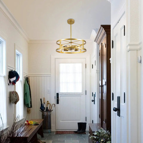 Gold 4 Light Modern Chandelier Pendant Hanging Light Fixture Semi Flush Mount Round Ceiling Light in a hallway with coat racks and door.