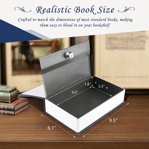 Open Key Lock Dictionary Diversion Book Safe, Portable Metal Safe Box For Hidden Storage, measures 9.5 by 6.1 by 2.2 inches