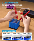 Kickass 10Kw Cordless Spot Welder With Crisp Lcd Display Twenty Five Precision Settings showing customizable welding settings for nickel sheets.