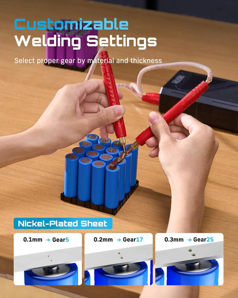 Kickass 10Kw Cordless Spot Welder With Crisp Lcd Display Twenty Five Precision Settings showing customizable welding settings for nickel sheets.