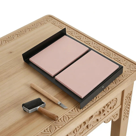 Newbie Friendly Rubber Stamp Carving Kit With 10 Blocks And Angled Knife For DIY Crafting Ink Roller For Even Ink Distribution Easy Carving Tools For Makers And Stamp Enthusiasts, two pink rubber blocks in tray