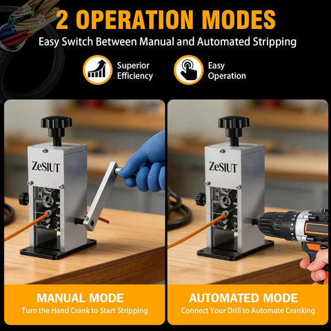 Heavy Duty Wire Stripper Machine With Hand Crank Or Drill Power Strips 0.12 To 1.18 Inch Copper Wire And 3 To 30 Mm Scrap Cables DIY Cable Tool demonstrating manual and automated modes